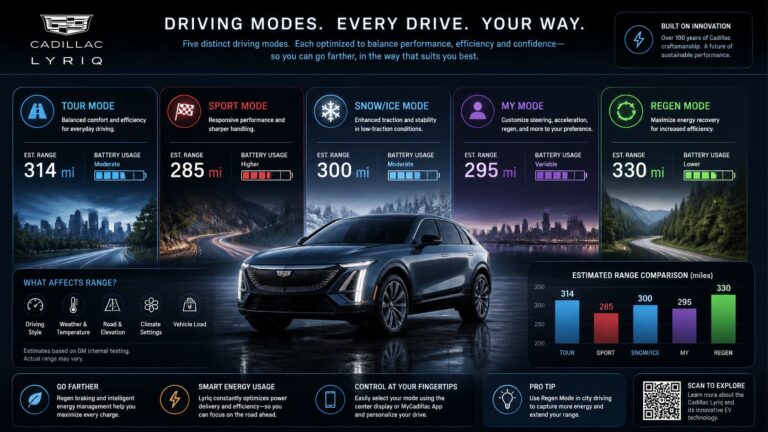 do the driving modes in cadillac lyriq offer different ranges or battery usages
